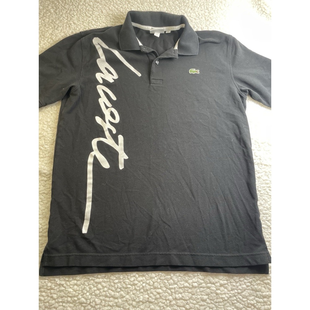 Lacoste L!VE Polo Shirt Small Black Big Script Croc Logo Pique Cotton